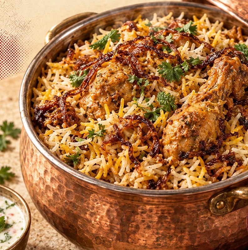 Chicken biryani in a copper serving pot